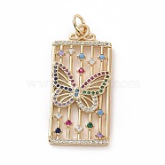 Brass Micro Pave Colorful Cubic Zirconia Pendants, Real 18K Gold Plated, with Jump Ring, Rectangle Charms, Butterfly, 40.5x19x2mm, Jump Ring: 7x1mm, Inner Diameter: 5mm(KK-E068-VF028)