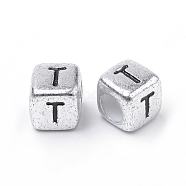 Plated Acrylic Beads, Horizontal Hole, Cube with Letter, Antique Silver, Letter.T, 6mm, Hole: 3mm, about 3000pcs/500g(PB43C9308-T)