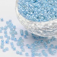 (Repacking Service Available) Glass Seed Beads, Ceylon, Round, Pale Turquoise, 8/0, 3mm, Hole: 1mm, about 12g/bag(SEED-C020-3mm-143)