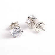Cubic Zirconia Stud Earrings, with Steel Pins, Stainless Steel Color, 8mm, Pin: 0.8mm(EJEW-O041-01)