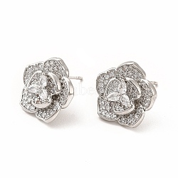 Rack Plating Brass Micro Pave Cubic Zirconia Stud Earrings for Women, Long-Lasting Plated, Lead Free & Cadmium Free, Flower, Platinum, 14.5x15mm, Pin: 1mm(EJEW-H091-13P)