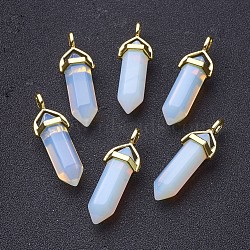 Opalite Double Terminated Pointed Pendants, with Random Alloy Pendant Hexagon Bead Cap Bails, Bullet, Golden, 37~40x12.5x10mm, Hole: 3x4.5mm(X-G-G902-C02)