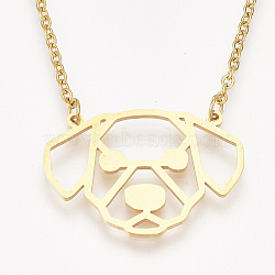 201 Stainless Steel Puppy Pendant Necklaces, with Cable Chains, Filigree Dog Head, Golden, 17.1 inch(43.5cm), 2mm, Dog: 21x30x1mm(NJEW-T009-JN043-2-40)