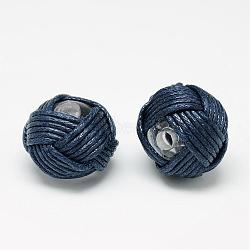 Handmade Beads, Acrylic covered with Waxed Cord, Flat Round, Marine Blue, 18~20x14~16mm, Hole: 3mm(WOVE-R100-02)