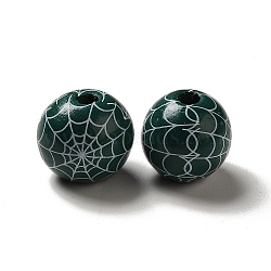 Halloween Printed Spider Webs Colored Wood European Beads, Large Hole Beads, Round, Dark Green, 16mm, Hole: 4mm(WOOD-K007-04F)