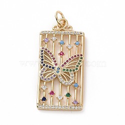 Brass Micro Pave Colorful Cubic Zirconia Pendants, Real 18K Gold Plated, with Jump Ring, Rectangle Charms, Butterfly, 40.5x19x2mm, Jump Ring: 7x1mm, Inner Diameter: 5mm(KK-E068-VF028)