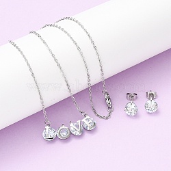 304 Stainless Steel Cubic Zirconia Pendant Necklaces & Stud Earrings for Women, Word Love, Stainless Steel Color, Necklaces: 470mm(SJEW-B022-01P)