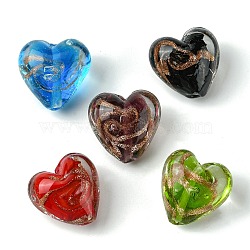 Handmade Gold Sand Lampwork Beads, Inner Flower, Heart, Mixed Color, 21x20.5x13.5mm, Hole: 1.8mm(FOIL-B001-06)