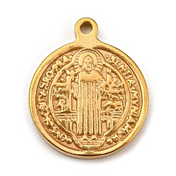 304 Stainless Steel Charms, Flat Round with Cssml Ndsmd Cross God Father Religious Christianity Charms, Golden, 14.5x12x1.5mm, Hole: 1mm(STAS-L270-08G)