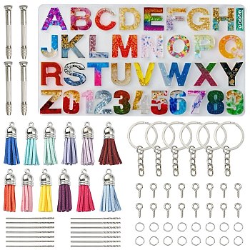 1Pcs Initial Letter A~Z & Number 0~9 Silicone Pendant Mold for KeyChain Making, with Iron Split Key Rings & Jump Rings & Screw Eye Pin Peg Bails, Tassel Pendant, Hand Drill Bits Rotary Tools Set, Mixed Color, 360x194mm