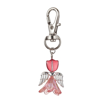 Angel Glass Pendant Decorations, with Alloy Swivel Lobster Claw Clasps, Red, 63mm