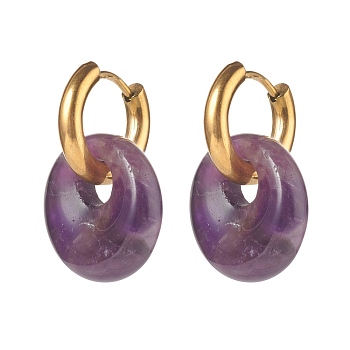 Handmade Natural Amethyst Dangle Hoop Earrings, with 304 Stainless Steel Huggie Hoop, Oval, 27.5mm, Pin: 1mm