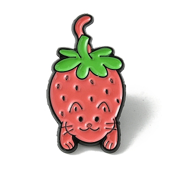 Black Alloy Brooches, Enamel Pins, for Backpack Cloth, Cat Shape, Strawberry, 30.5x17x1.5mm