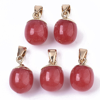Top Golden Plated Natural White Jade Pendants, with Iron Snap on Bails & Loop, Barrel, Dyed, Crimson, 17~19x11.5~12.5mm, Hole: 4x6mm