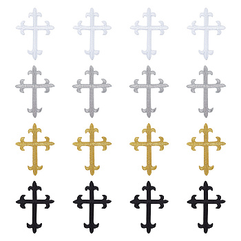 16Pcs 4 Styles Cross Fleury Polyester Embroidery Iron on Applique Patch, Sewing Craft Decoration, Mixed Color, 95~96x70~72x1mm, 4pcs/style