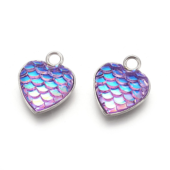 304 Stainless Steel Pendants, with Resin, Heart with Fish Scale Shape, Stainless Steel Color, Medium Purple, 16x13x3.5mm, Hole: 2mm