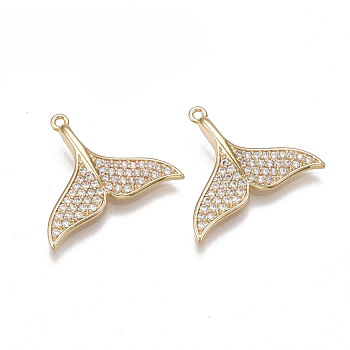 Brass Micro Pave Cubic Zirconia Pendants, Nickel Free, Real 18K Gold Plated, Whale Tail Shape, Clear, 15.5x19x3mm, Hole: 1mm