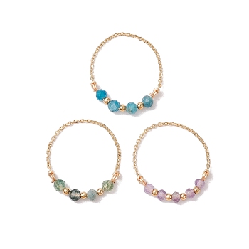 3Pcs Natural Amethyst & Apatite & Moss Agate Rings, with Brass Cable Chains, Inner Diameter: 17mm