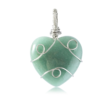 Natural Green Aventurine Pendants, Stainless Steel Wire Wrapped Heart Charms, Stainless Steel Color, 40x30mm