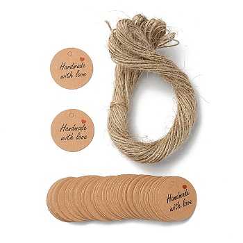 100Pcs Kraft Paper Gift Tags, Hange Tags, with Hemp Rope, for Arts, Crafts and Food, Flat Round with Word Handmade with Love, BurlyWood, Tag: 3cm, about 101pcs/bag