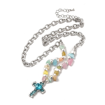 Alloy Glass Cross Pendant Necklace with Cat Eye Chips Beaded Chains, Titanium Steel Jewelry for Women, Colorful, 17.52 inch(44.5cm)