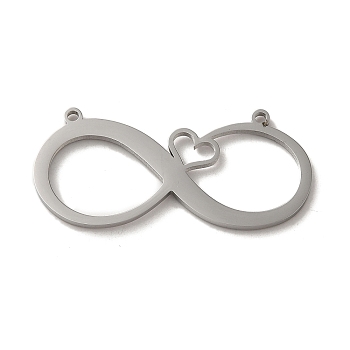 304 Stainless Steel Pendants, Laser Cut, Infinity with Heart Charm, Stainless Steel Color, 17x36.5x1.3mm, Hole: 1.4mm. 