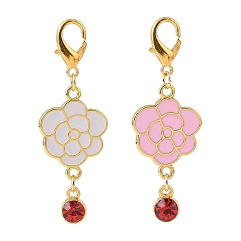 Alloy Enamel Peony Flower Pendant Decorations, with Glass Rhinestone, Lobster Clasp Charms, for Keychain, Purse, Backpack Ornament, Mixed Color, 54mm, 2pcs/set