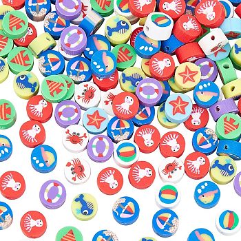 Handmade Polymer Clay Colours Beads, Flat Round with Marine Animal, Mixed Color, 9x5mm, Hole: 1.8mm, 200pcs/bag