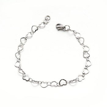 304 Stailess Steel Heart Link Bracelets, with Lobster Claw Clasps, Stainless Steel Color, 7-7/8 inch(200mm)
