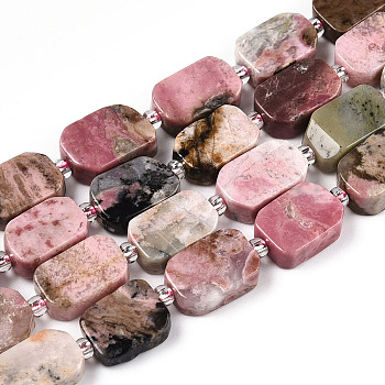 Natural Rhodonite Beads Strands, with Seed Beads, Rectangle, 10~14x8~9.5x4~5.5mm, Hole: 0.9mm, seed beads: 3x3x2, hole: 0.8mm, about 27pcs/strand, 15.55''(39.5cm)