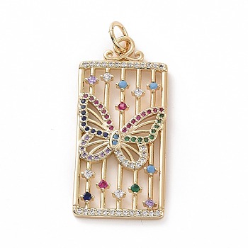 Brass Micro Pave Colorful Cubic Zirconia Pendants, Real 18K Gold Plated, with Jump Ring, Rectangle Charms, Butterfly, 40.5x19x2mm, Jump Ring: 7x1mm, Inner Diameter: 5mm