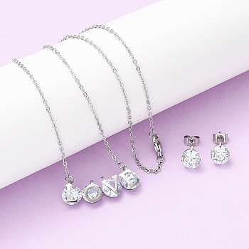 304 Stainless Steel Cubic Zirconia Pendant Necklaces & Stud Earrings for Women, Word Love, Stainless Steel Color, Necklaces: 470mm
