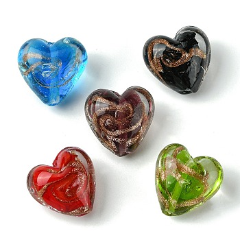 Handmade Gold Sand Lampwork Beads, Inner Flower, Heart, Mixed Color, 21x20.5x13.5mm, Hole: 1.8mm