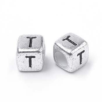 Plated Acrylic Beads, Horizontal Hole, Cube with Letter, Antique Silver, Letter.T, 6mm, Hole: 3mm, about 3000pcs/500g