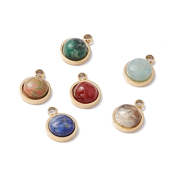Natural Mixed Stone Charms, with Ion Plating(IP) Real 24K Gold Plated 304 Stainless Steel Findings, Half Round, 7.5x5.5x3mm, Hole: 1mm