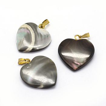 Shell Pendants, with Brass Findings, Heart, Dyed, Golden, 21~22x20~22x3~5mm, Hole: 2x5mm