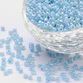 (Repacking Service Available) Glass Seed Beads, Ceylon, Round, Pale Turquoise, 8/0, 3mm, Hole: 1mm, about 12g/bag