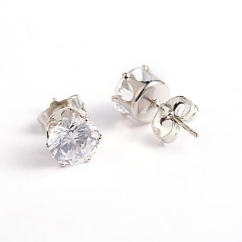 Cubic Zirconia Stud Earrings, with Steel Pins, Stainless Steel Color, 8mm, Pin: 0.8mm