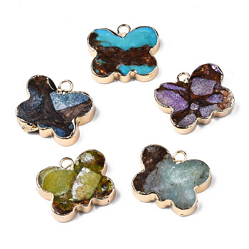 Butterfly Assembled Natural Bronzite and Natural & Synthetic Gemstone Pendants, with Iron Loop and Brass Edge, Light Gold, Dyed, Mixed Color, 17x20.5x5mm, Hole: 2mm