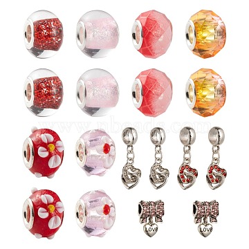 DIY Jewelry Making Kits, Including 9 Style Rondelle Handmade Lampwork & Baking Painted Glass & Transparent Glass European Beads & Heart Alloy Rhinestone European Dangle Charms, Mixed Color, 16~27X9~14X4.5~10.5mm, Hole: 4~5mm, 10pcs/style(DIY-LS0003-72)