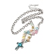 Alloy Glass Cross Pendant Necklace with Cat Eye Chips Beaded Chains(NJEW-Q001-02P)-1
