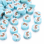Handmade Polymer Clay Beads, Flat Round with Christmas Stocking, Light Sky Blue, 10x4mm, Hole: 1.6mm(X-CLAY-N011-002)