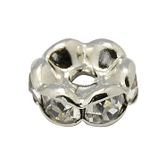 Brass Rhinestone Spacer Beads, Grade A, Wavy Edge, Platinum, Rondelle, Crystal, 6x3mm, Hole: 1mm(X-RB-A014-L6mm-01P)