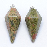 Natural Unakite Pointed Pendants, with Brass Findings, Bullet, Platinum, 38.5x16x14.5mm, Hole: 5x8mm(KK-E757-F-06P)