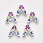 Brass Cubic Zirconia Slide Charms, Real Platinum Plated, Colorful, Letter, Letter.A, 17x19.5x5mm, Hole: 1x2mm and 1x5mm(X-ZIRC-S063-01A-P)