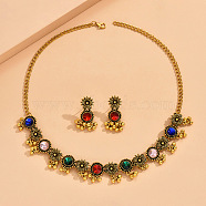 Flat Round & Flower Alloy Rhinestone Pendant Necklace & Stud Dangle Earring Sets, Colorful, 320mm(FS-WG9BC55-01)