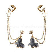 Light Gold 304 Stainless Steel Cuff Earring Chains, Star & Butterfly Alloy Enamel Dangle Stud Earrings Crawler Earrings, Black, 77mm(EJEW-JE05685-01)