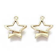 Brass Micro Pave Cubic Zirconia Charms, with Freshwater Shell, Nickel Free, Real 18K Gold Plated, Star, Clear, Creamy White, 12x11.5x2mm, Hole: 0.9mm(KK-N232-51-NF)