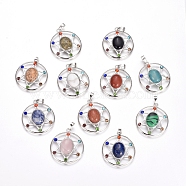 Chakras Style, Natural & Synthetic Mixed Gemstone Pendants, with Platinum Tone Brass Findings and Rhinestone, Flat Round with Star, 38.5x34x8.5mm, Hole: 7x4mm(G-L512-Q)