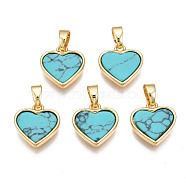 Real 18K Gold Plated Brass Pendants, with Synthetic Turquoise Cabochons, Cadmium Free & Nickel Free & Lead Free, Heart, Turquoise, 12x11.5x3mm, Hole: 2.5x5mm(KK-N233-169A-02B)